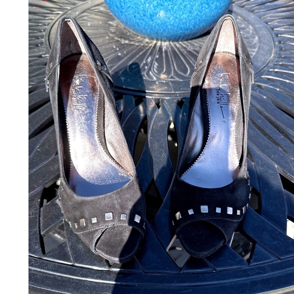 Nicole Miller New York Black Suede Studded Peep Toe Stiletto Pumps Heels Size 9